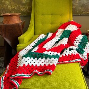 Handmade Granny Square Crochet Afghan Throw Blanket Red Green 58 X 58” Bright